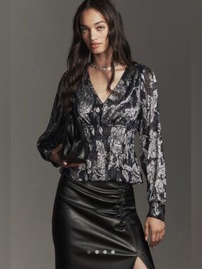 Anthropologie Black Navy and Silver Metallic Floral V-Neck Peplum Blouse